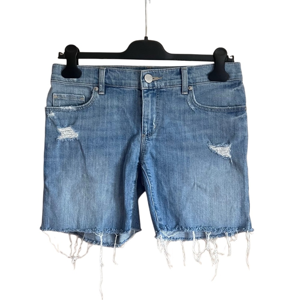 LOFT Size 00 Distressed Denim Bermuda Shorts Raw Hem Cutoff Jean Shorts